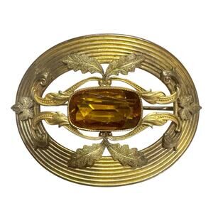 Edwardian Sash Brooch Amber Citrine Colored Stone On Brass Metal Oval Pin
